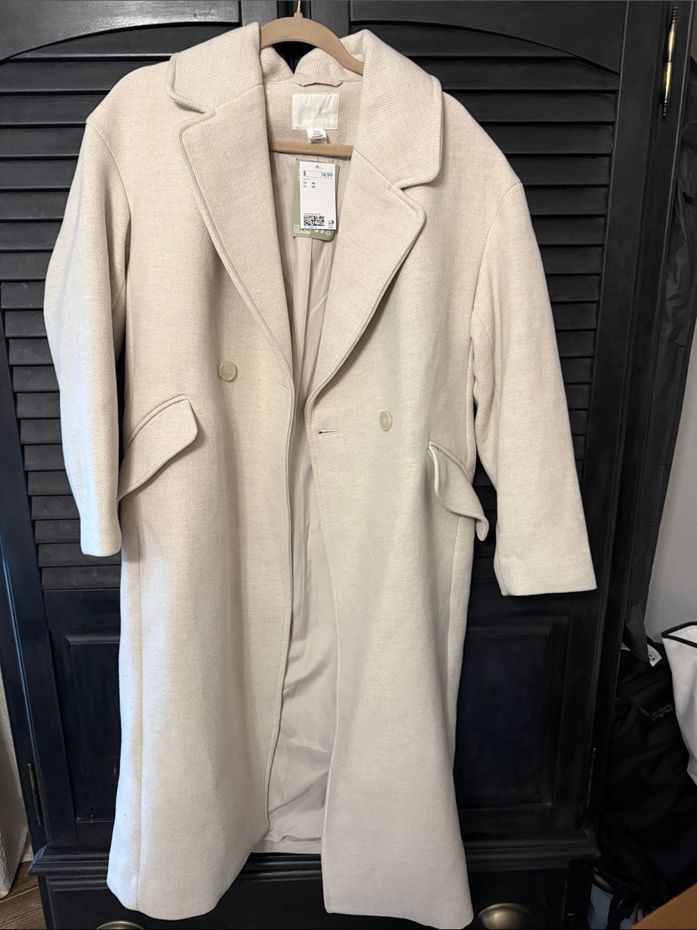 H&M Cream Double-Breasted Long Trench Coat